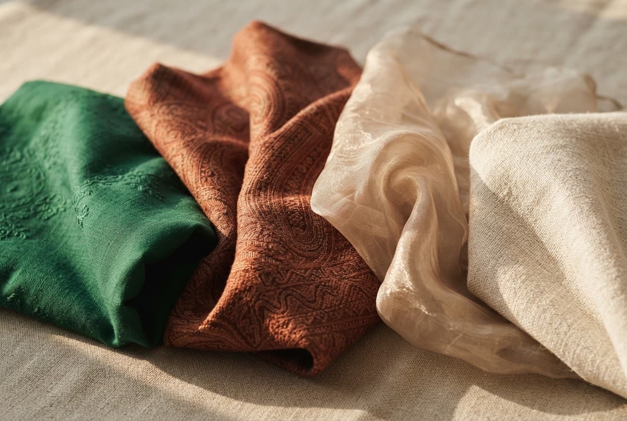 Folded unstitched fabrics in green, terracotta, champagne and ivory